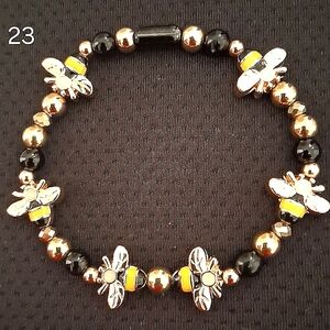 Bee Charm Bracelet with Black and Gold Beads